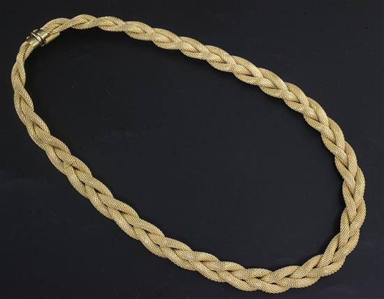 A modern textured 18ct gold interwoven necklace, 38cm.